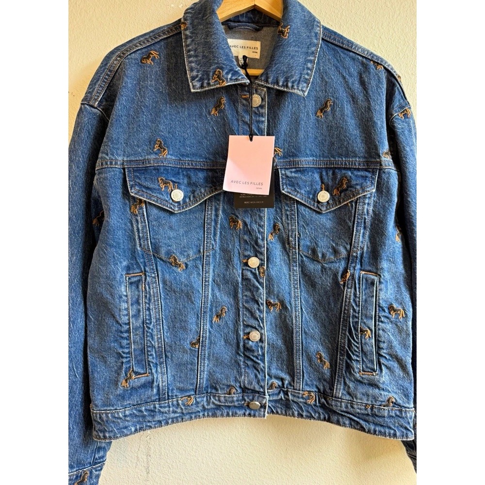 NWT Avec Les Filles Women's Blue Embroidered Horse Print Jean Jacket Size Small